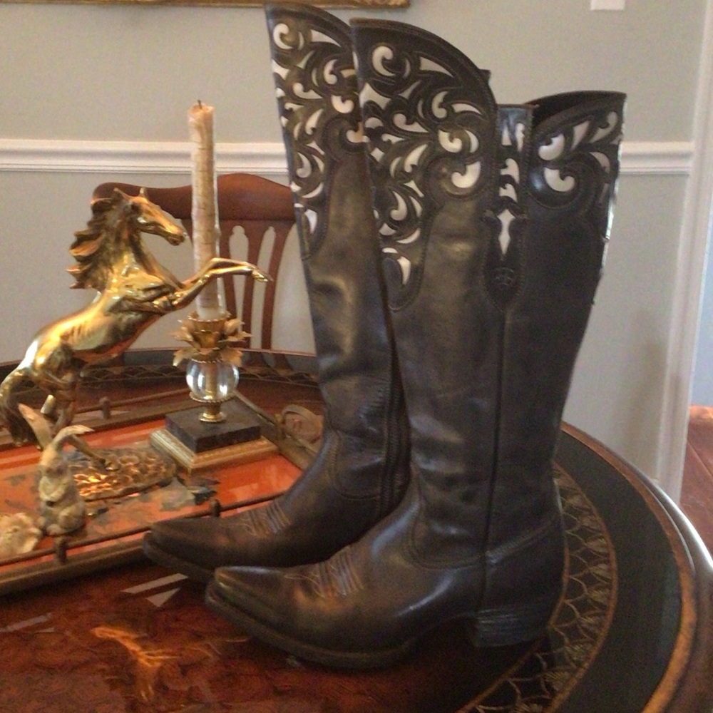 Ariat Hacienda Western Intricate Cutout Inlay Gray Leather Knee-High Boots